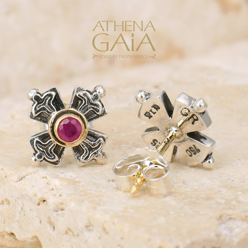 Cross Post Earrings - 18k Gold & Sterling Silver Earrings