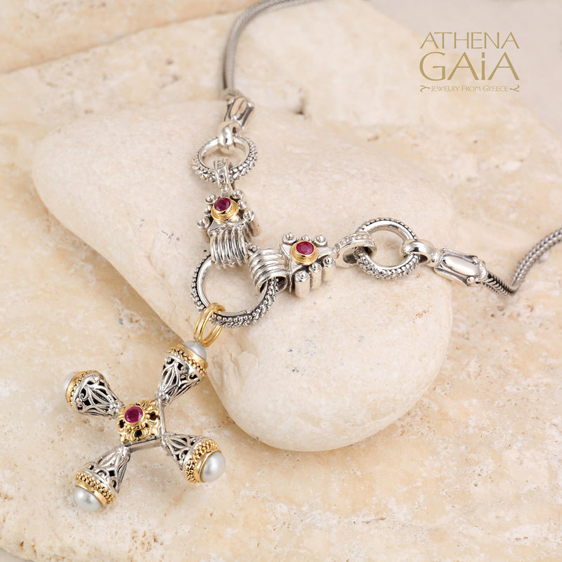 Thira Santorini Pomme Cross Necklace - 18k Gold and Sterling Silver - Cross Necklace
