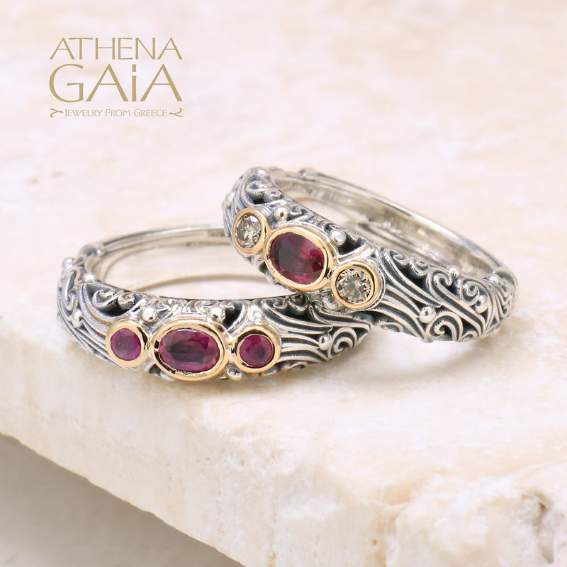 Kynthia Triple Stone Band Ring - 18k Gold & Sterling Silver Ring - Stackable Ring