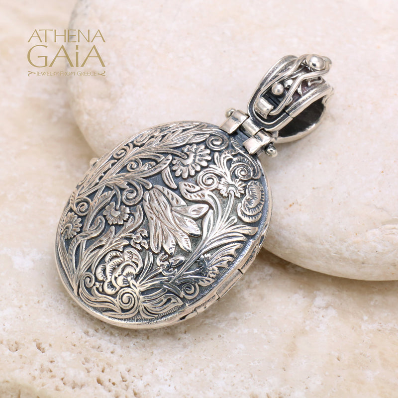Wild Flower Silver Oval Locket Pendant - Sterling Silver Pendant