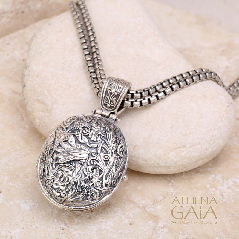 Wild Flower Silver Oval Locket Pendant - Sterling Silver Pendant