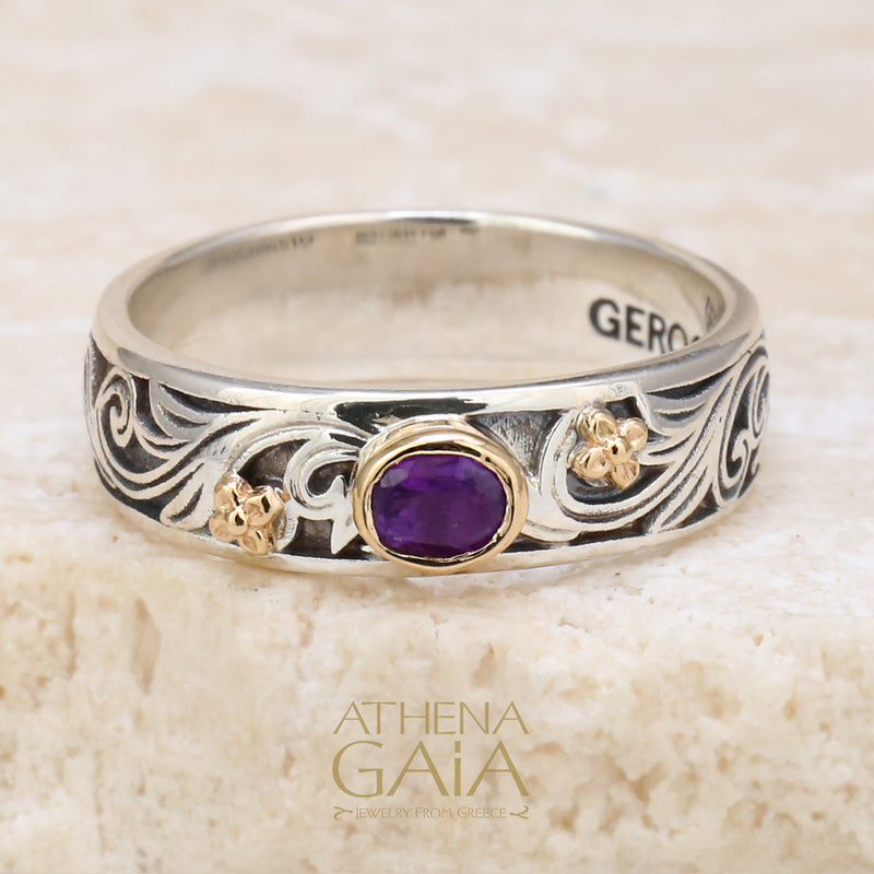 Floral Band Ring - 18k Gold & Sterling Silver Ring - Stackable Ring