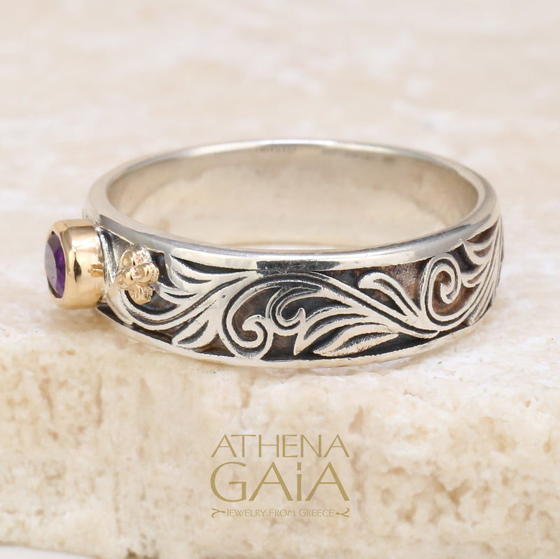 Floral Band Ring - 18k Gold & Sterling Silver Ring - Stackable Ring