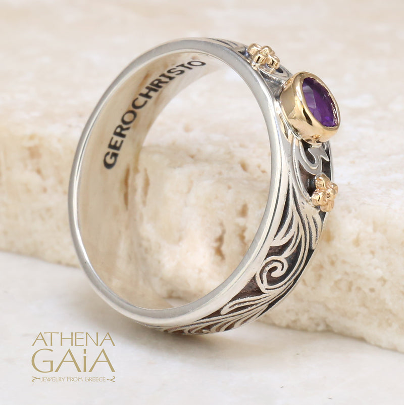 Floral Band Ring - 18k Gold & Sterling Silver Ring - Stackable Ring