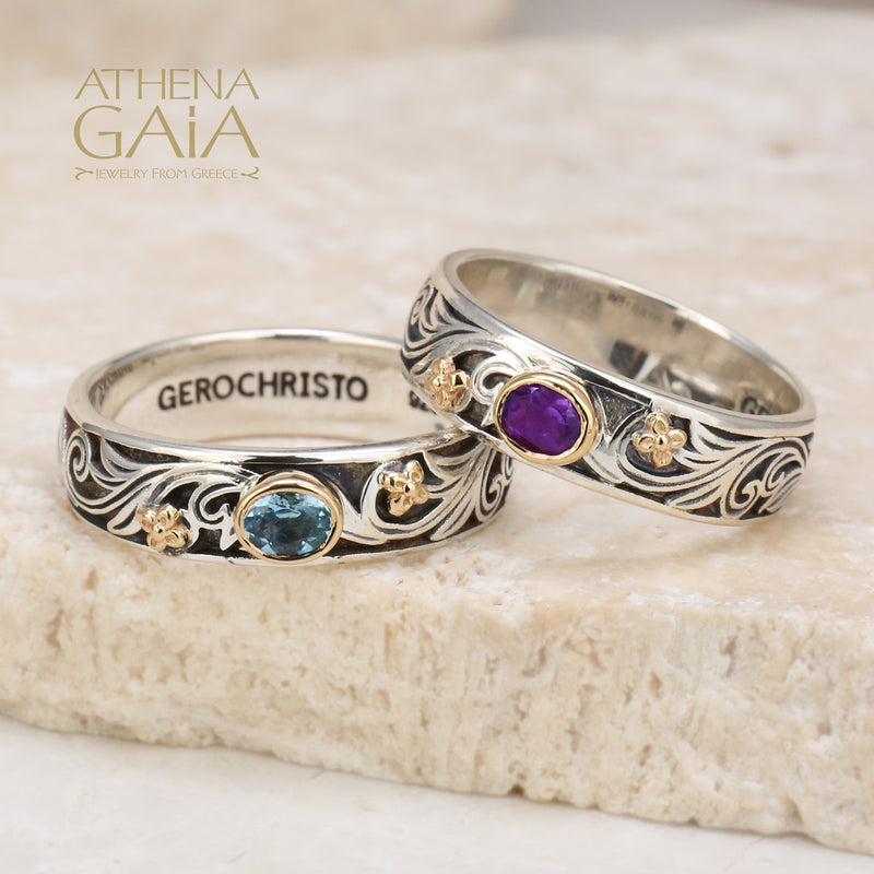 Floral Band Ring - 18k Gold & Sterling Silver Ring - Stackable Ring