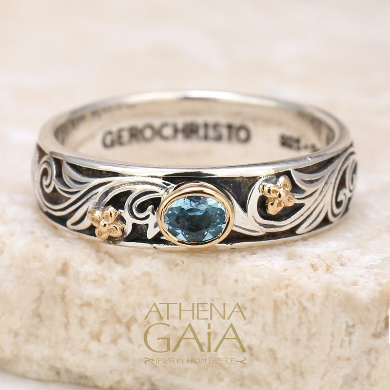 Floral Band Ring - 18k Gold & Sterling Silver Ring - Stackable Ring