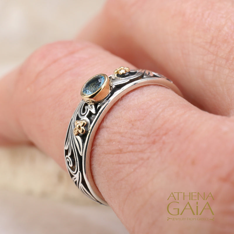 Floral Band Ring - 18k Gold & Sterling Silver Ring - Stackable Ring