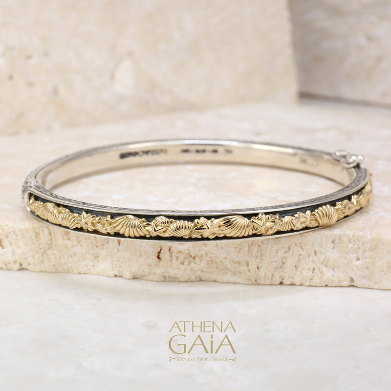 Thalassa Seashells Bracelet - 18k Gold and Sterling Silver - Hinged Bangle Bracelet