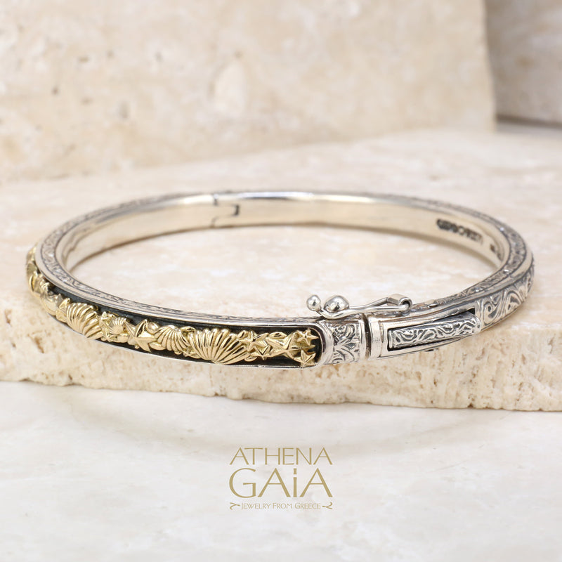Thalassa Seashells Bracelet - 18k Gold and Sterling Silver - Hinged Bangle Bracelet