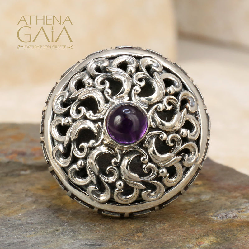 Byzantine Greek Key Pillow Filigree Ring (In-Stock) - Sterling Silver - Cocktail Ring