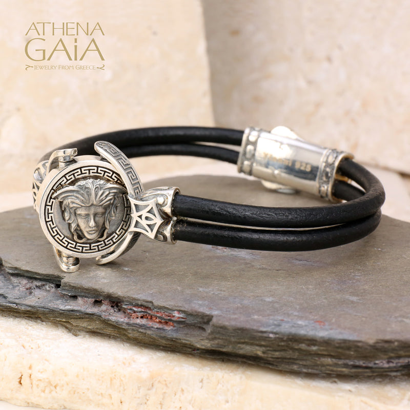 Medusa Swivel Double Strand Leather Bracelet - Sterling Silver Bracelet