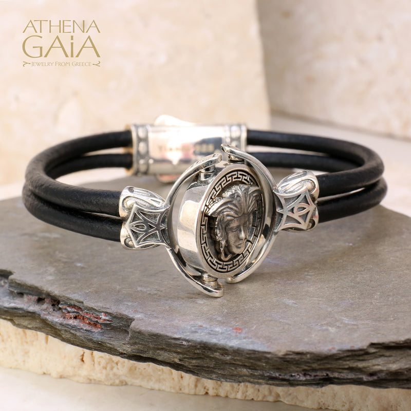 Medusa Swivel Double Strand Leather Bracelet - Sterling Silver Bracelet