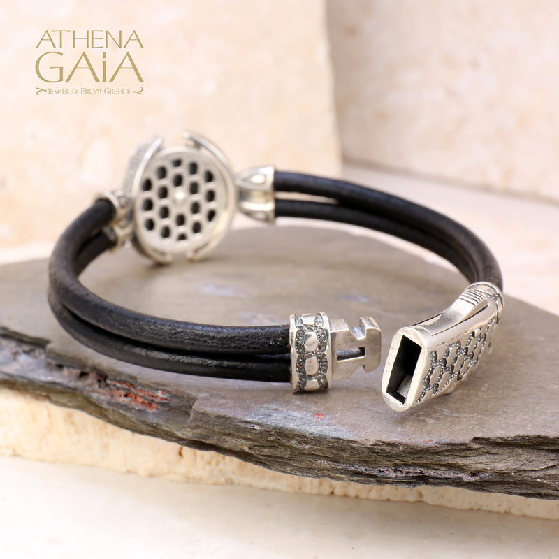 Medusa Swivel Double Strand Leather Bracelet - Sterling Silver Bracelet