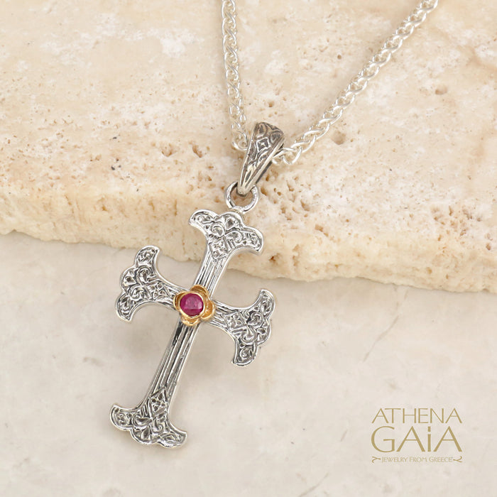 Silver Fleury Cross With a Ruby