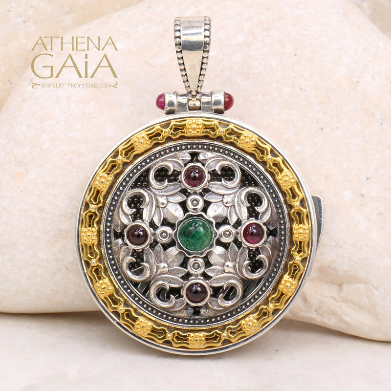 Acanthus with Stones Locket Pendant - 18k Gold & Sterling Silver Pendant