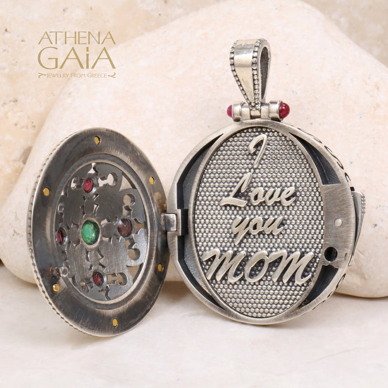 Acanthus with Stones Locket Pendant - 18k Gold & Sterling Silver Pendant