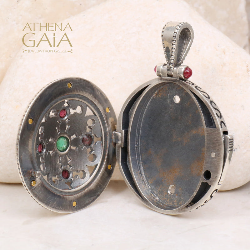 Acanthus with Stones Locket Pendant - 18k Gold & Sterling Silver Pendant