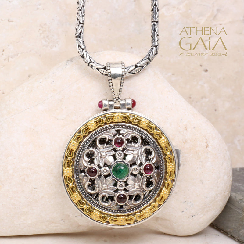 Acanthus with Stones Locket Pendant - 18k Gold & Sterling Silver Pendant
