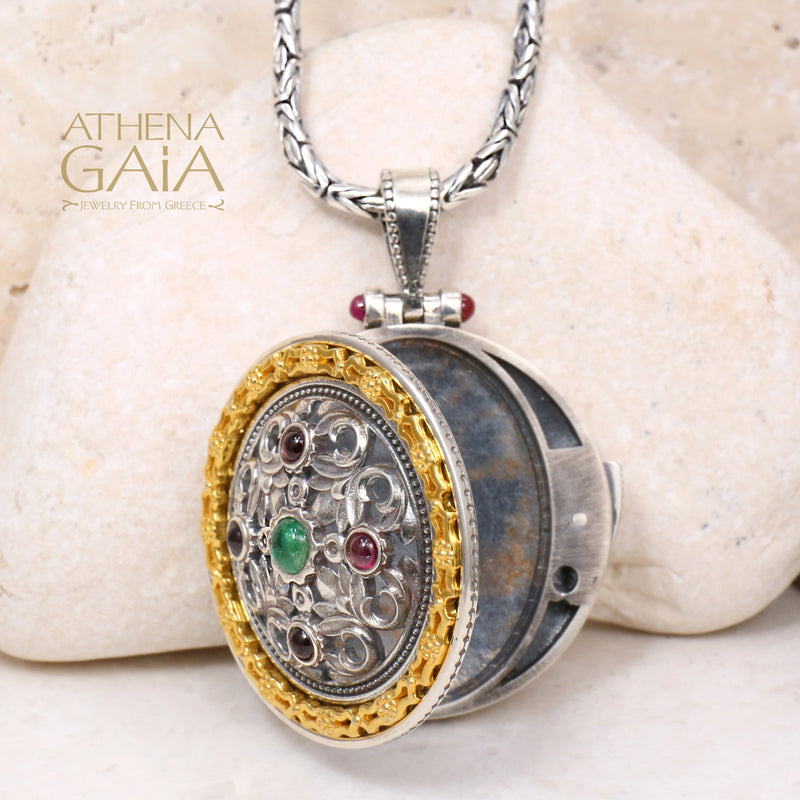 Acanthus with Stones Locket Pendant - 18k Gold & Sterling Silver Pendant