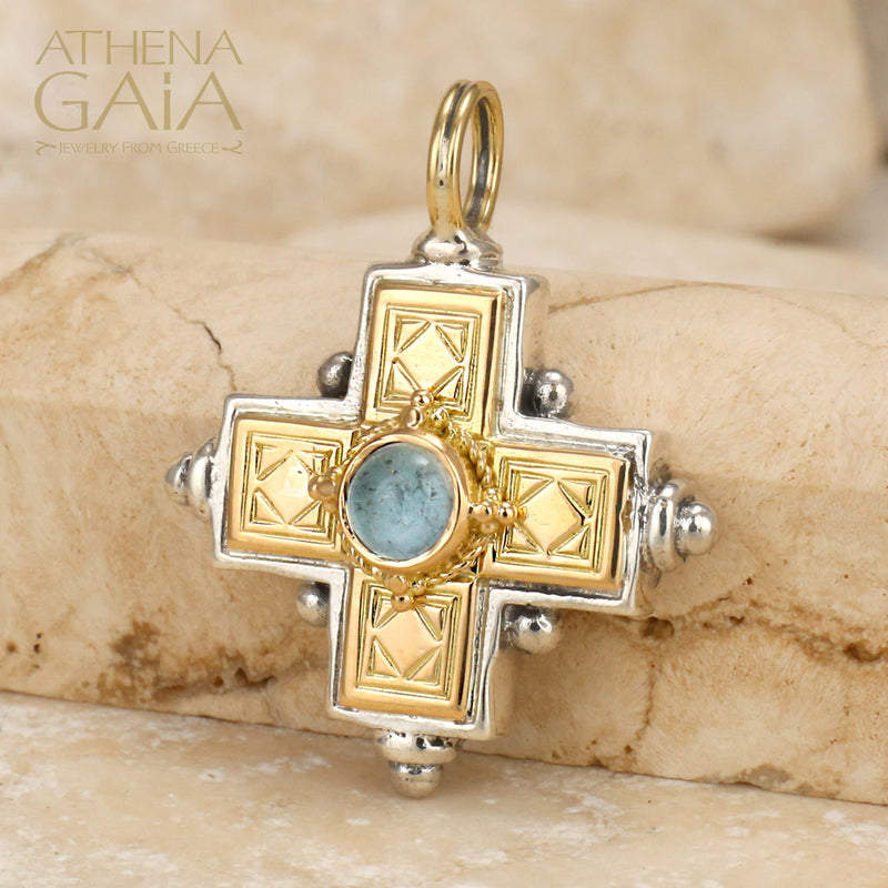 Rustic Stone Cross (Large) - 18k Gold & Sterling Silver - Greek Cross Necklace