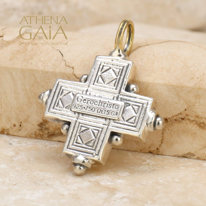 Large Rustic Gold Greek Cross with Stone