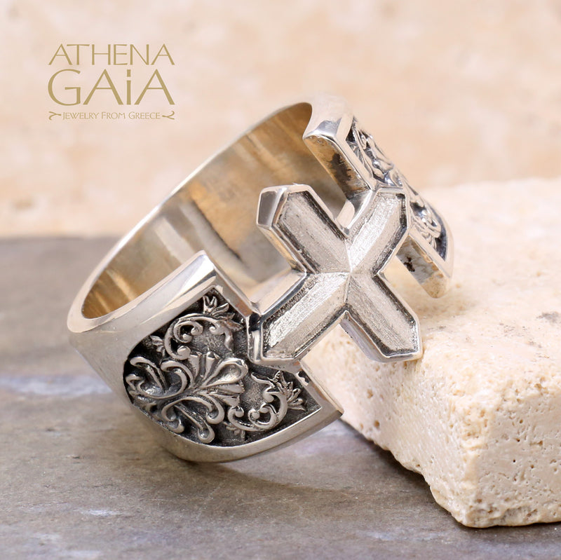 Open Cross Floral Ring - Sterling Silver Ring - Club Ring