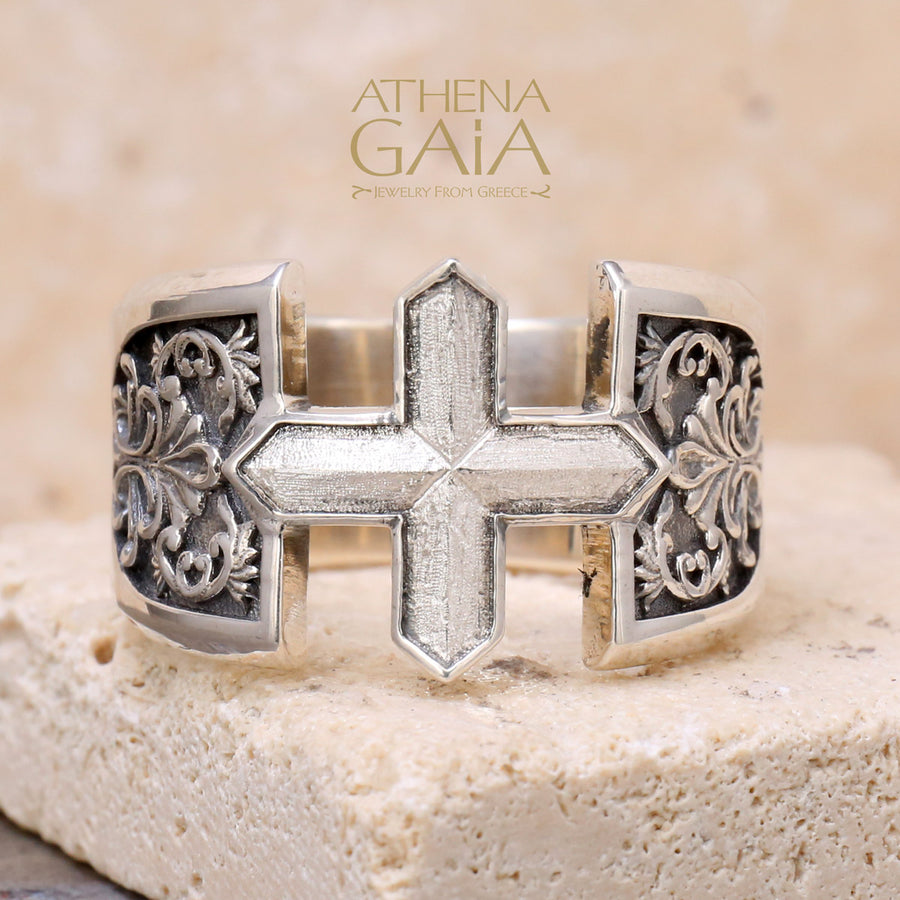 Open Cross Floral Ring - Sterling Silver Ring - Club Ring