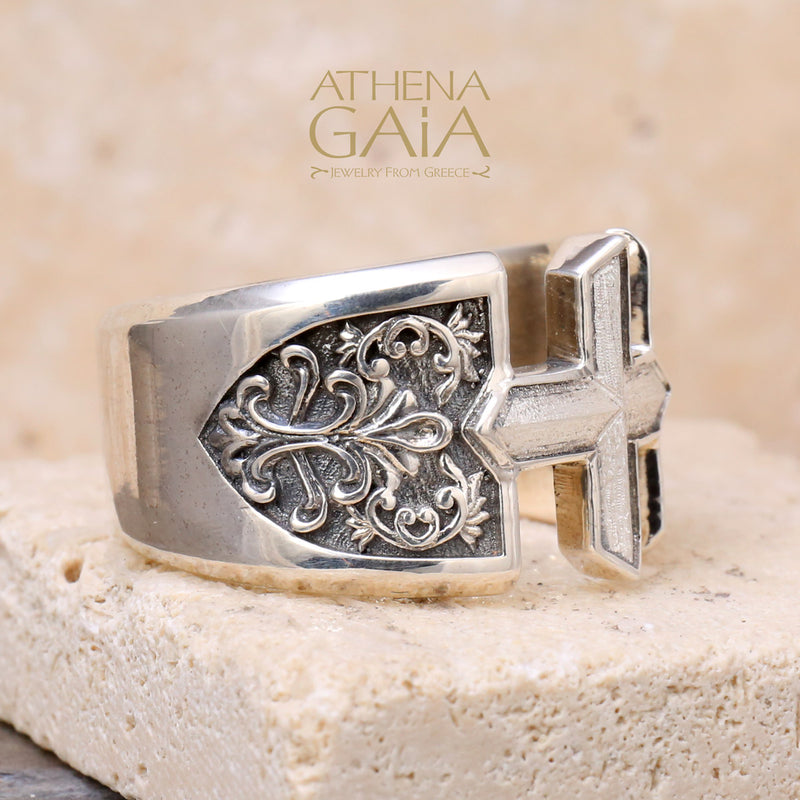 Open Cross Floral Ring - Sterling Silver Ring - Club Ring