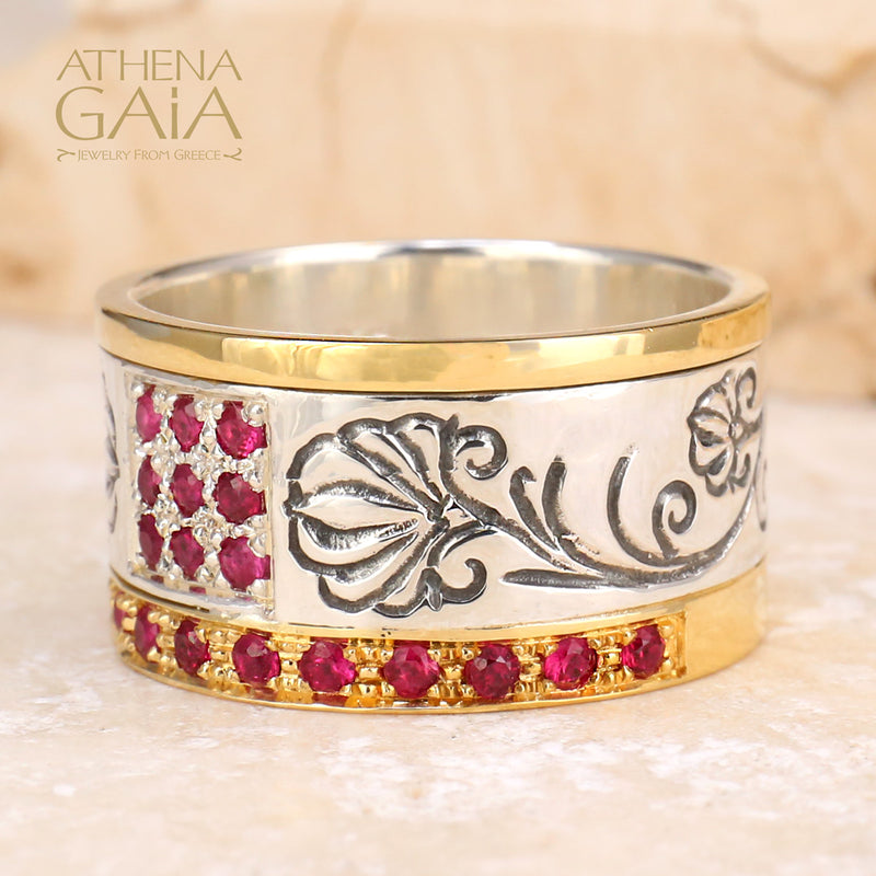 Stone Field Ring - 18k Gold & Sterling Silver Ring - Cigar Band Ring