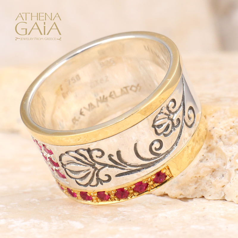 Stone Field Ring - 18k Gold & Sterling Silver Ring - Cigar Band Ring