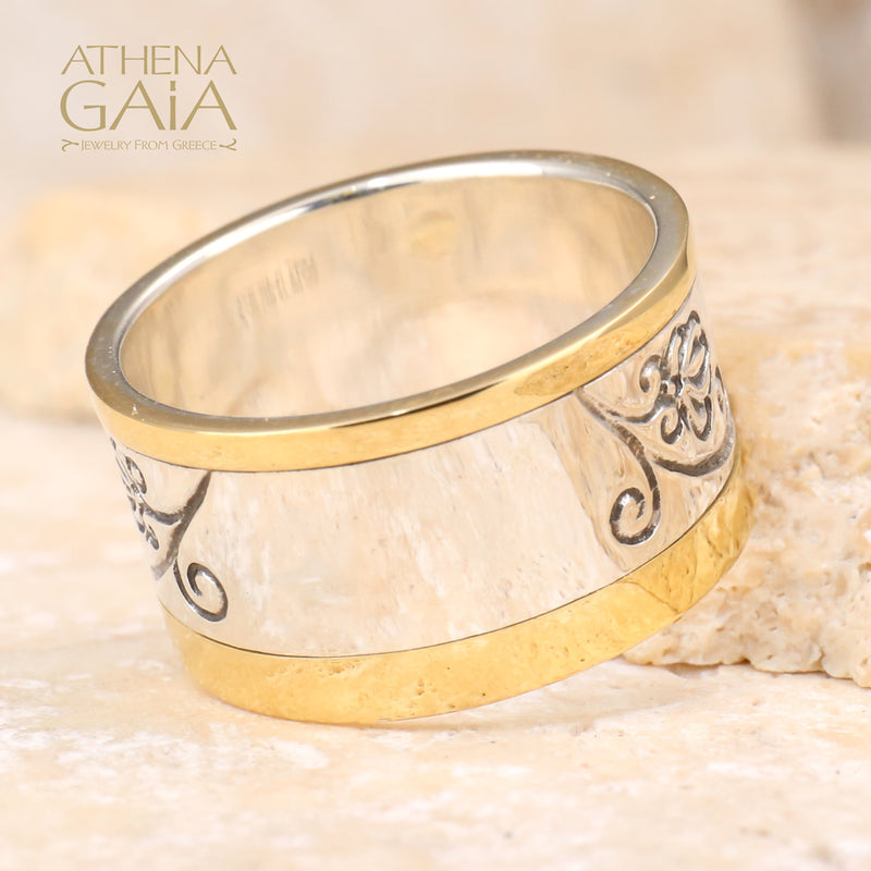 Stone Field Ring - 18k Gold & Sterling Silver Ring - Cigar Band Ring