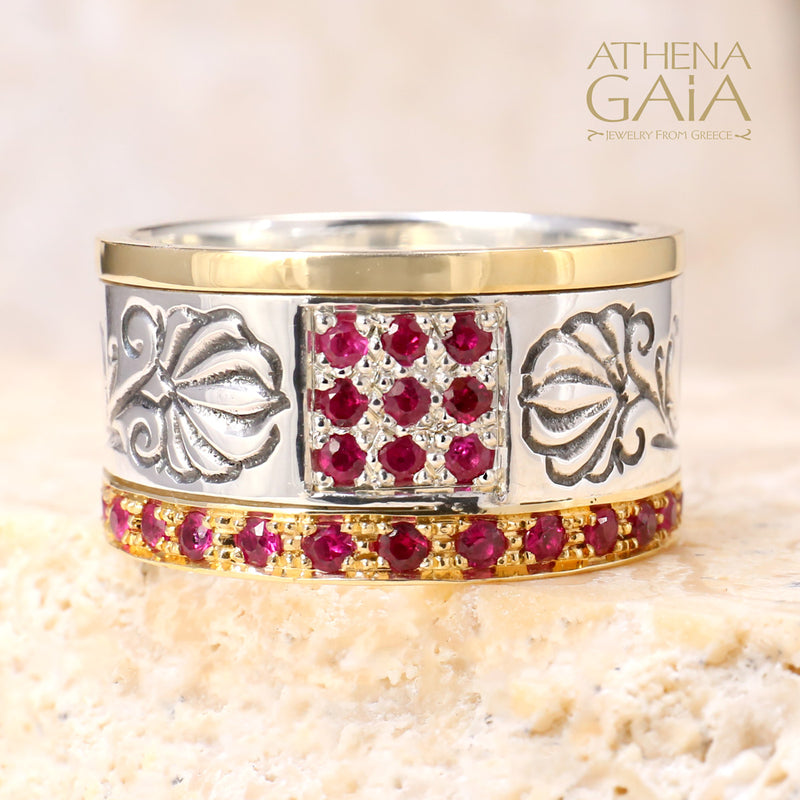 Stone Field Ring - 18k Gold & Sterling Silver Ring - Cigar Band Ring