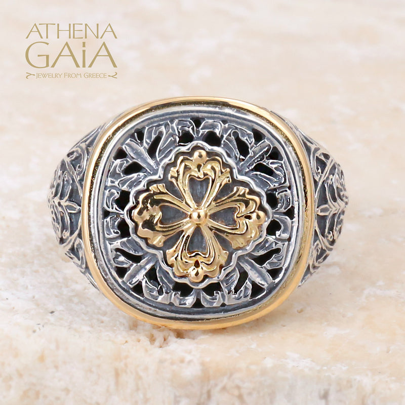 Golden Clover Border Ring - 18k Gold & Sterling Silver Ring - Signet Ring