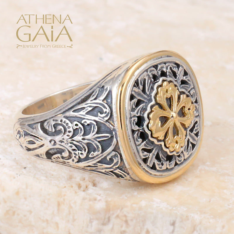 Golden Clover Border Ring - 18k Gold & Sterling Silver Ring - Signet Ring