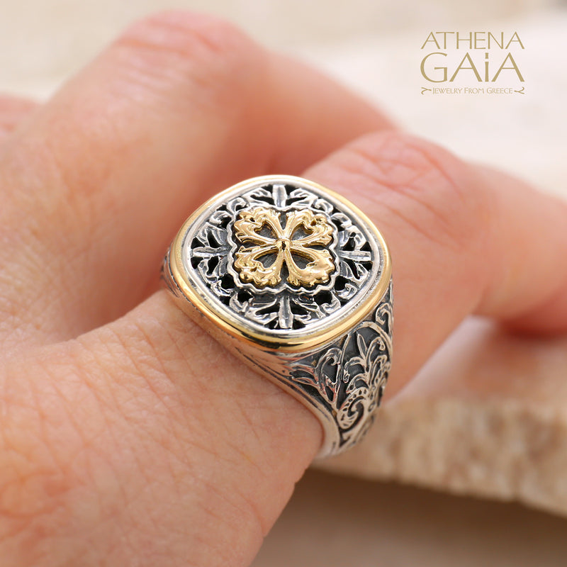 Golden Clover Border Ring - 18k Gold & Sterling Silver Ring - Signet Ring