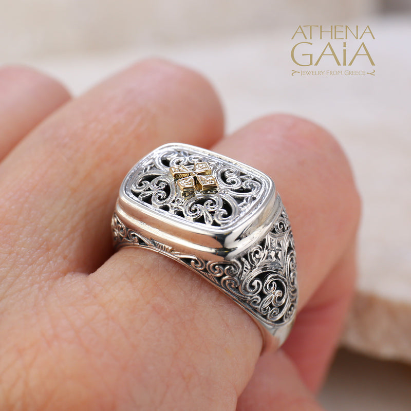 Maltese Cross Ring - 18k Gold & Sterling Silver Ring - Club Ring