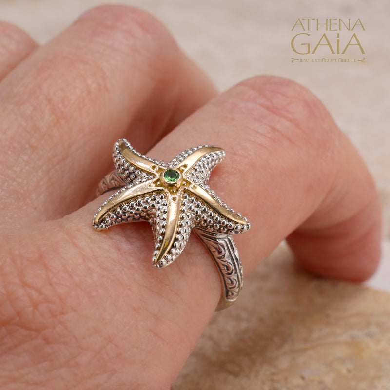 Thalassa Starfish Gemstone Ring (Small) - 18k Gold & Sterling Silver Ring - Cocktail Ring