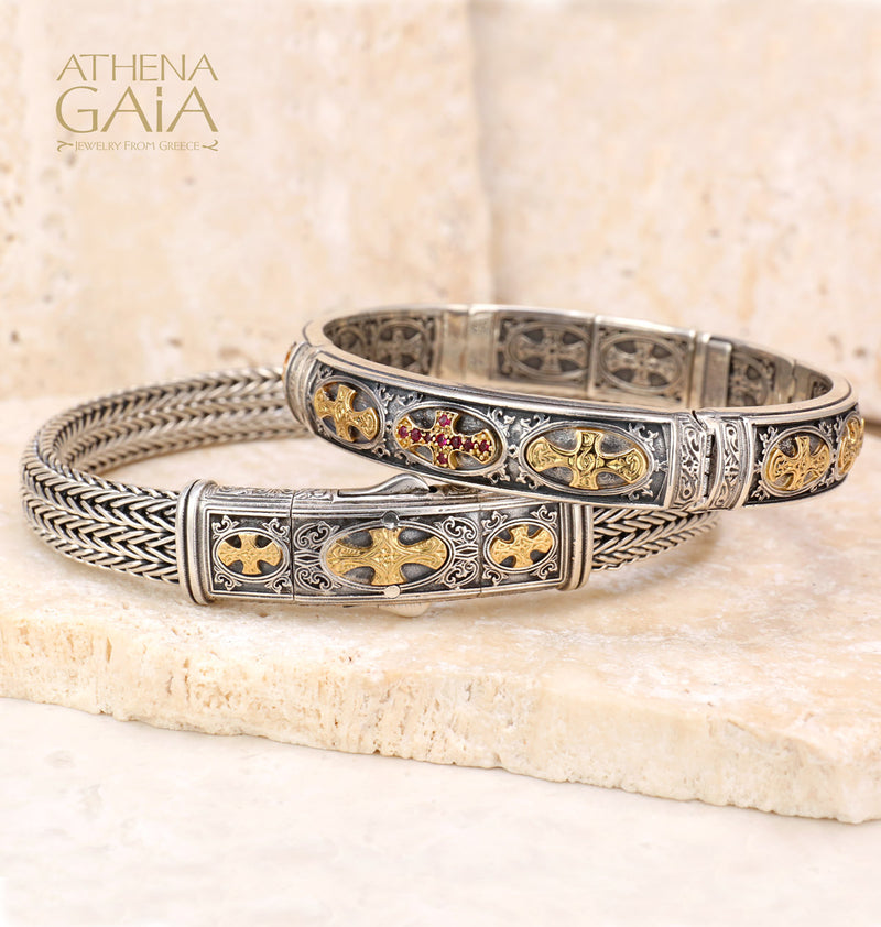 Patmos Crosses Bracelet - 18k Gold & Sterling Silver Bracelet - Hinged Bangle Bracelet