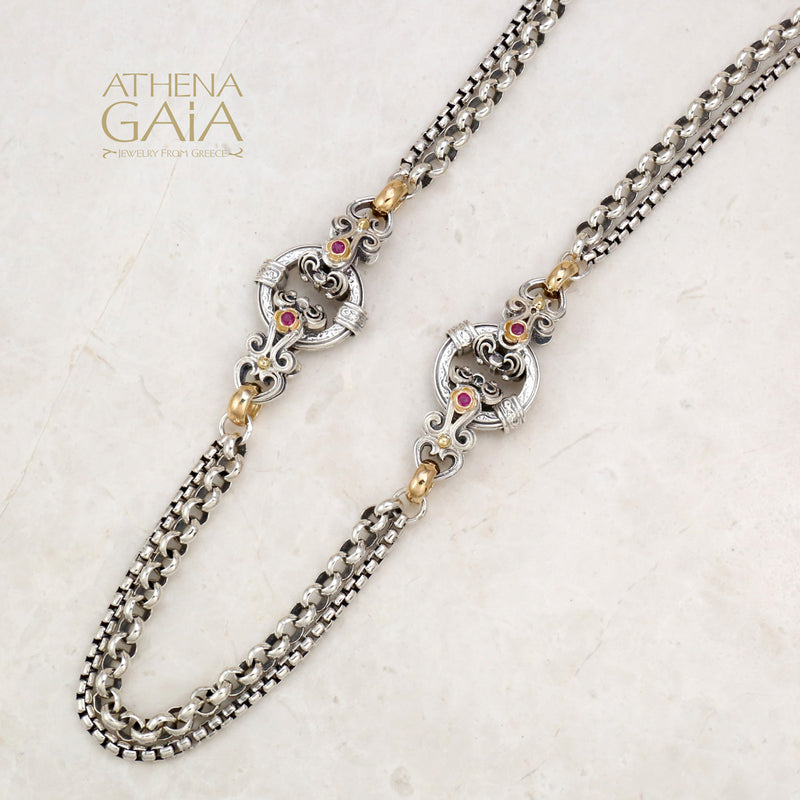 Gold Link Circle Station with Rubies Necklace - 18k Gold & Sterling Silver Necklace