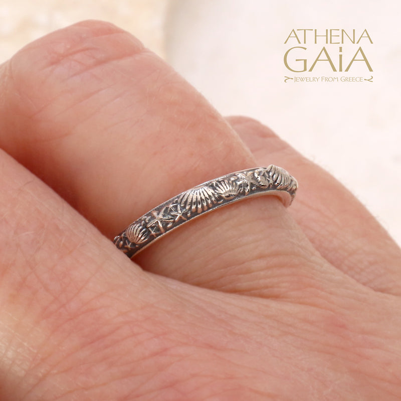 Silver Shells And Starfish Ring - Sterling Silver Ring - Stackable Ring