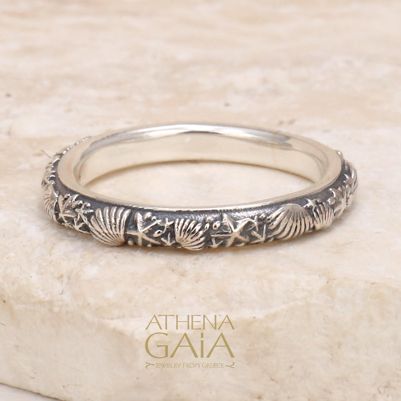 Silver Shells And Starfish Ring - Sterling Silver Ring - Stackable Ring