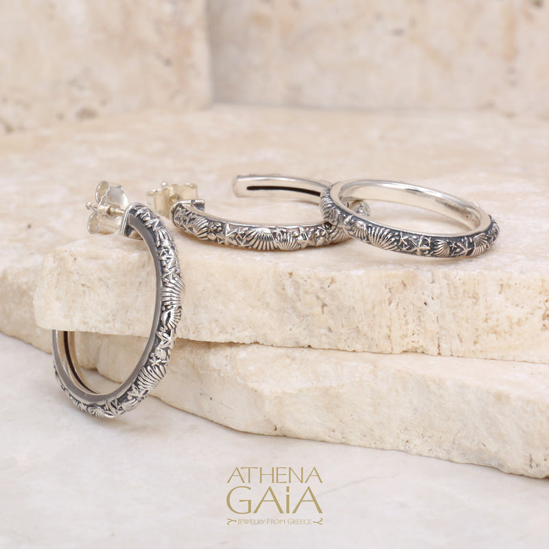 Silver Shells And Starfish Ring - Sterling Silver Ring - Stackable Ring