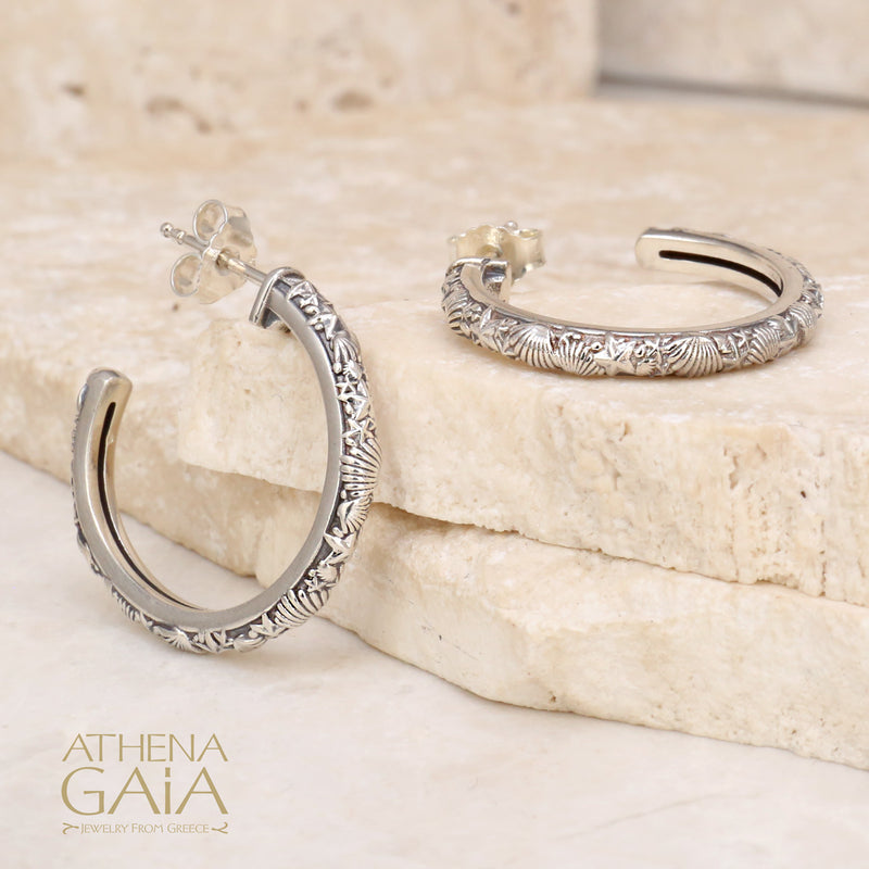 Small Shells And Starfish Earrings - Sterling Silver - Hoop Earrings