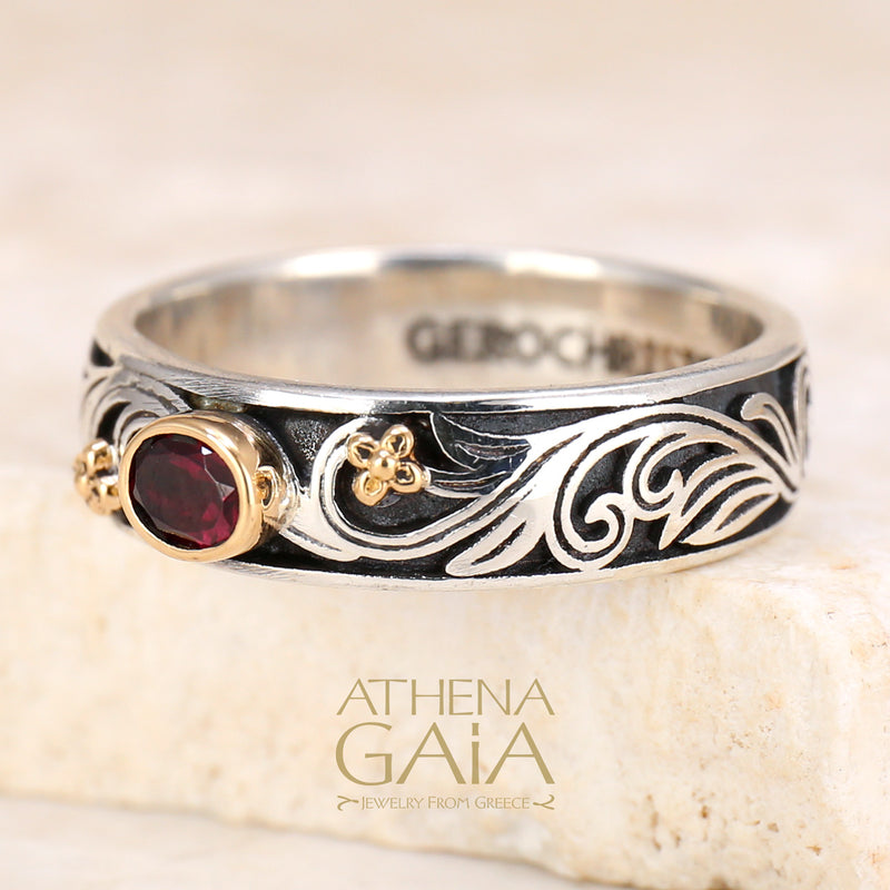 Floral Band Ring - 18k Gold & Sterling Silver Ring - Stackable Ring