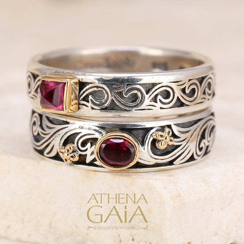 Kyma with Flower Stone Bezel Band Ring - 18k Gold & Sterling Silver Ring - Stackable Ring