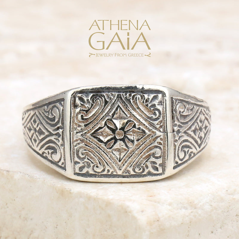 Etched Ring - Sterling Silver Ring - Signet Ring