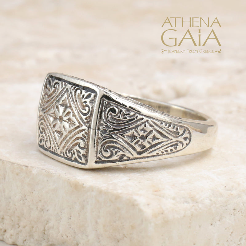 Etched Ring - Sterling Silver Ring - Signet Ring