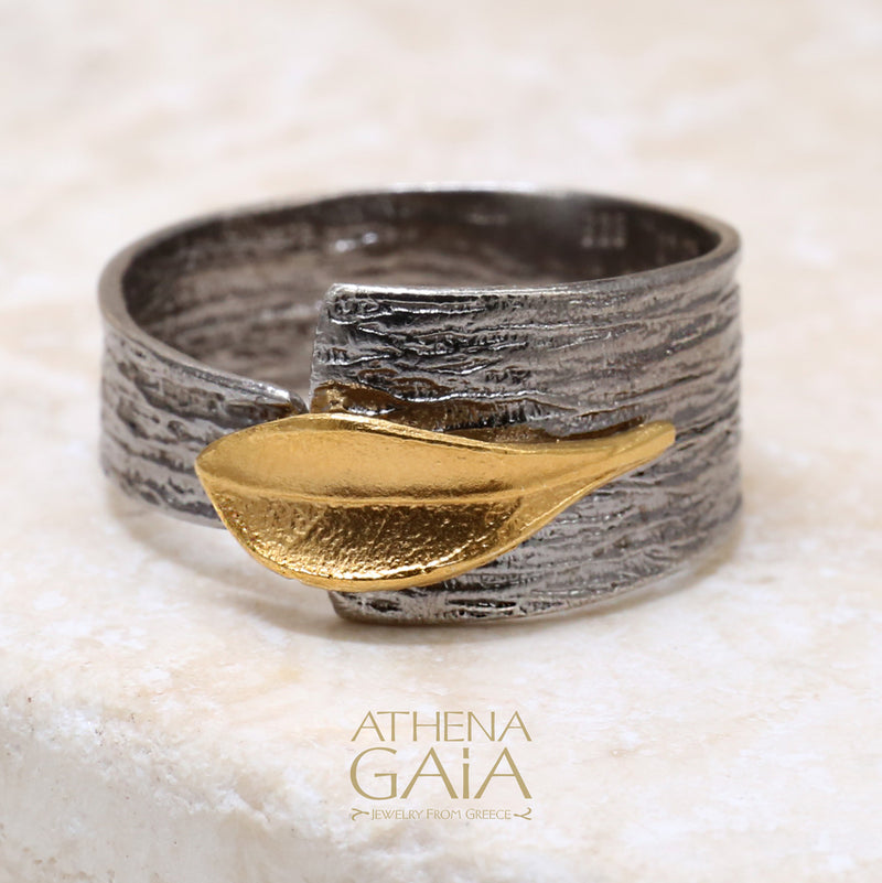Champion Single Leaf Band Ring - 14k Gold & Sterling Silver