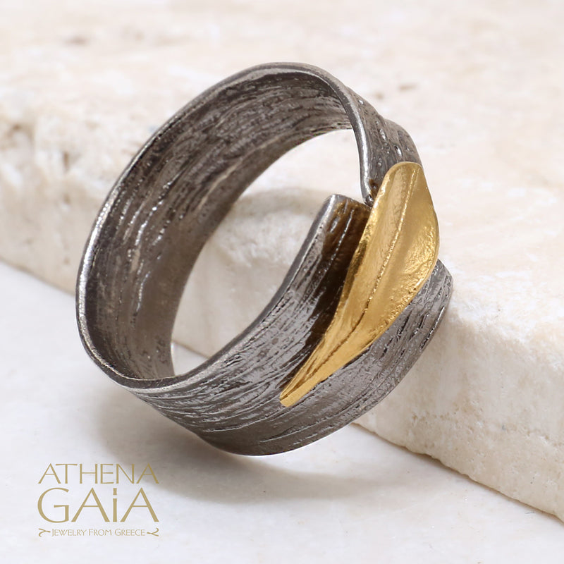 Champion Single Leaf Band Ring - 14k Gold & Sterling Silver