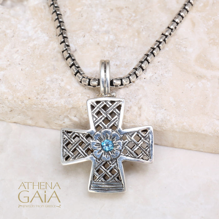 Woven Open Greek Cross with Topaz